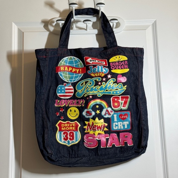 Denim Tote Bag with Colorful Patches - Picture 1 of 10